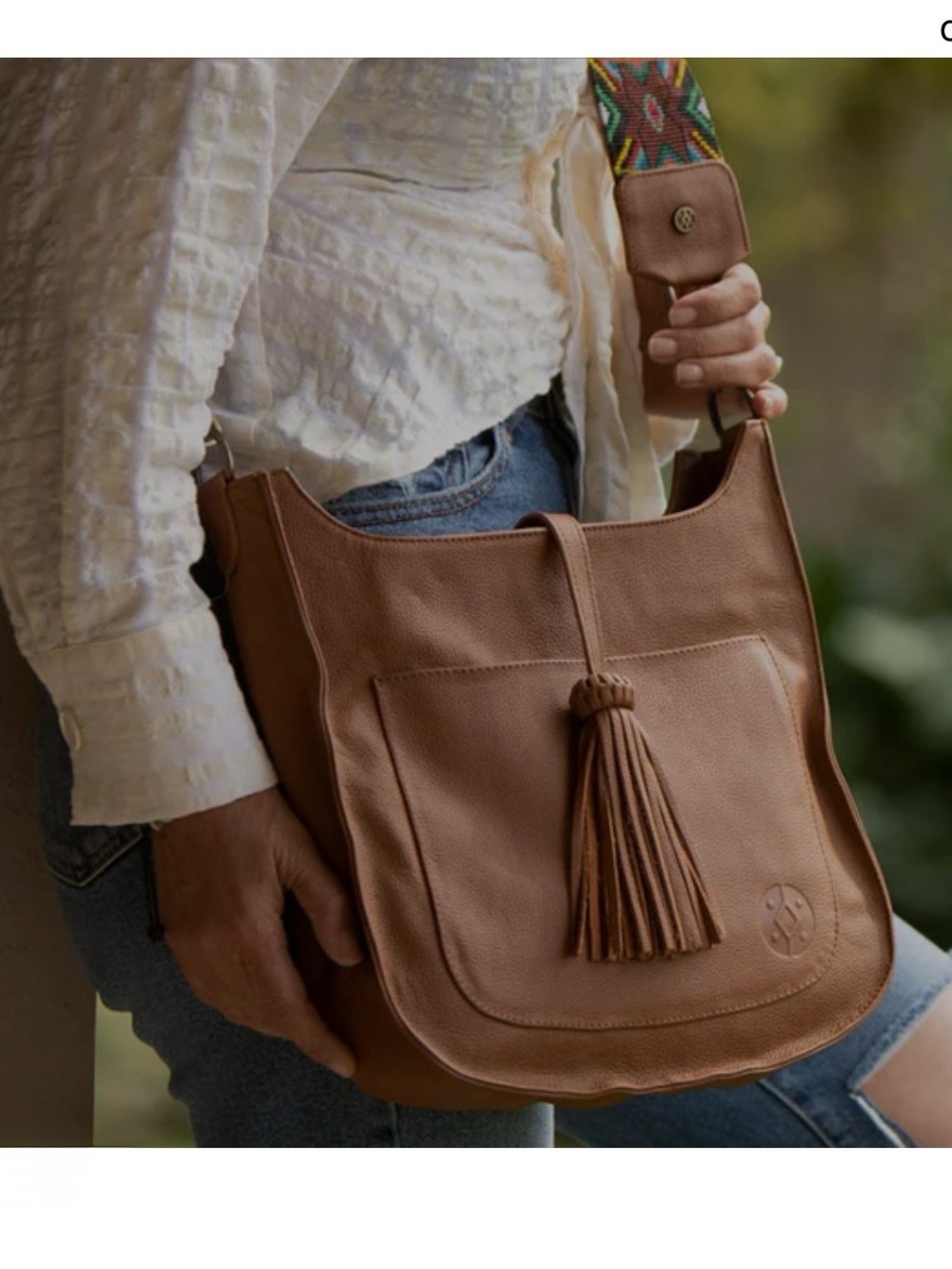 Cristina Orozco Brown Leather Embroidered Strap Messenger Bag w/ Tassel